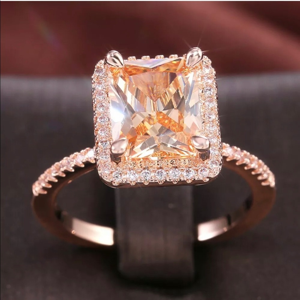 👑2K CZ Champagne Princess Rose Gold Solitaire, Cocktail Ring, Statement Ring - Picture 1 of 8